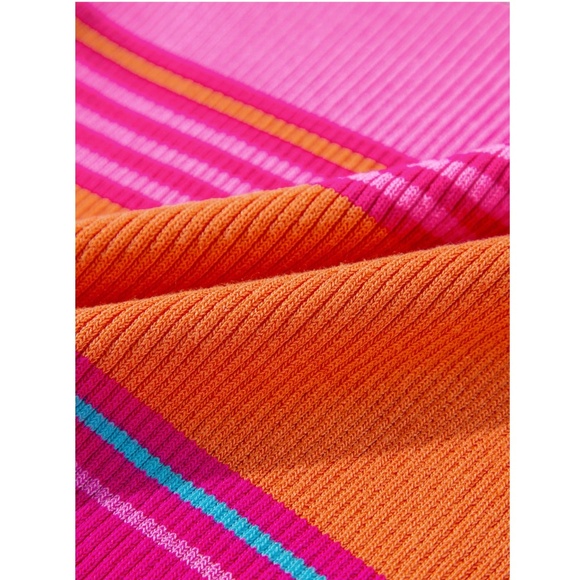 Knit Striped Pink Blue Orange Short Sleeve Crew Neck Tee Shirt Top - Picture 9 of 12